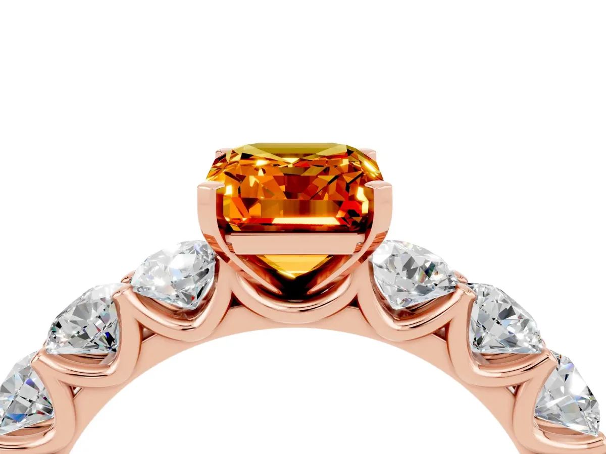 Emerald Cut Citrine Prong Setting with Side Stones on a Pave Band Rose gold