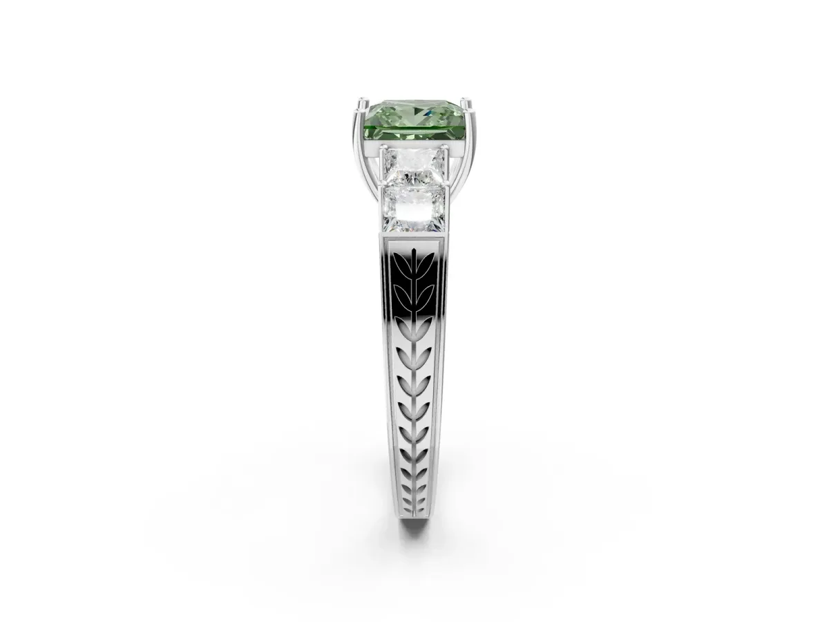Fancy Green Princess Cut Solitaire Princess Side Stone Engraved Band Prong Setting Ring Platinum