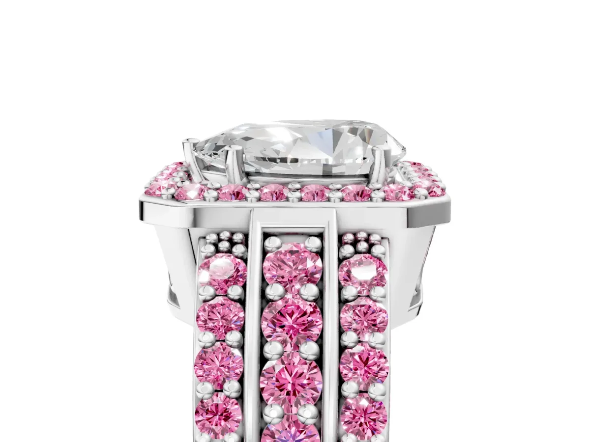 Pear Cut Halo Diamond Ring with Round Pink Sapphire Split Shank and Prong Setting Silver