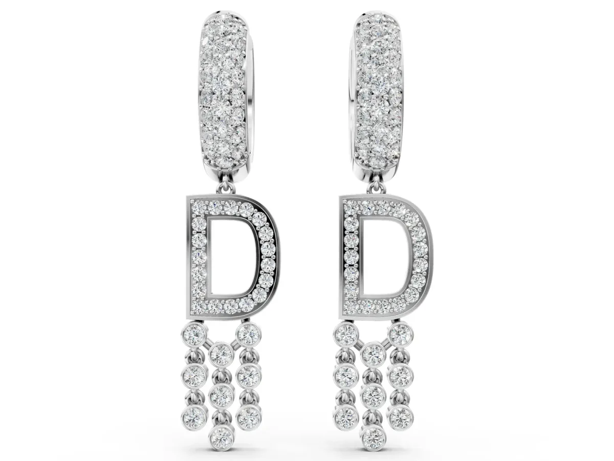Round Diamond Initial D Huggie Hoop Earrings White gold