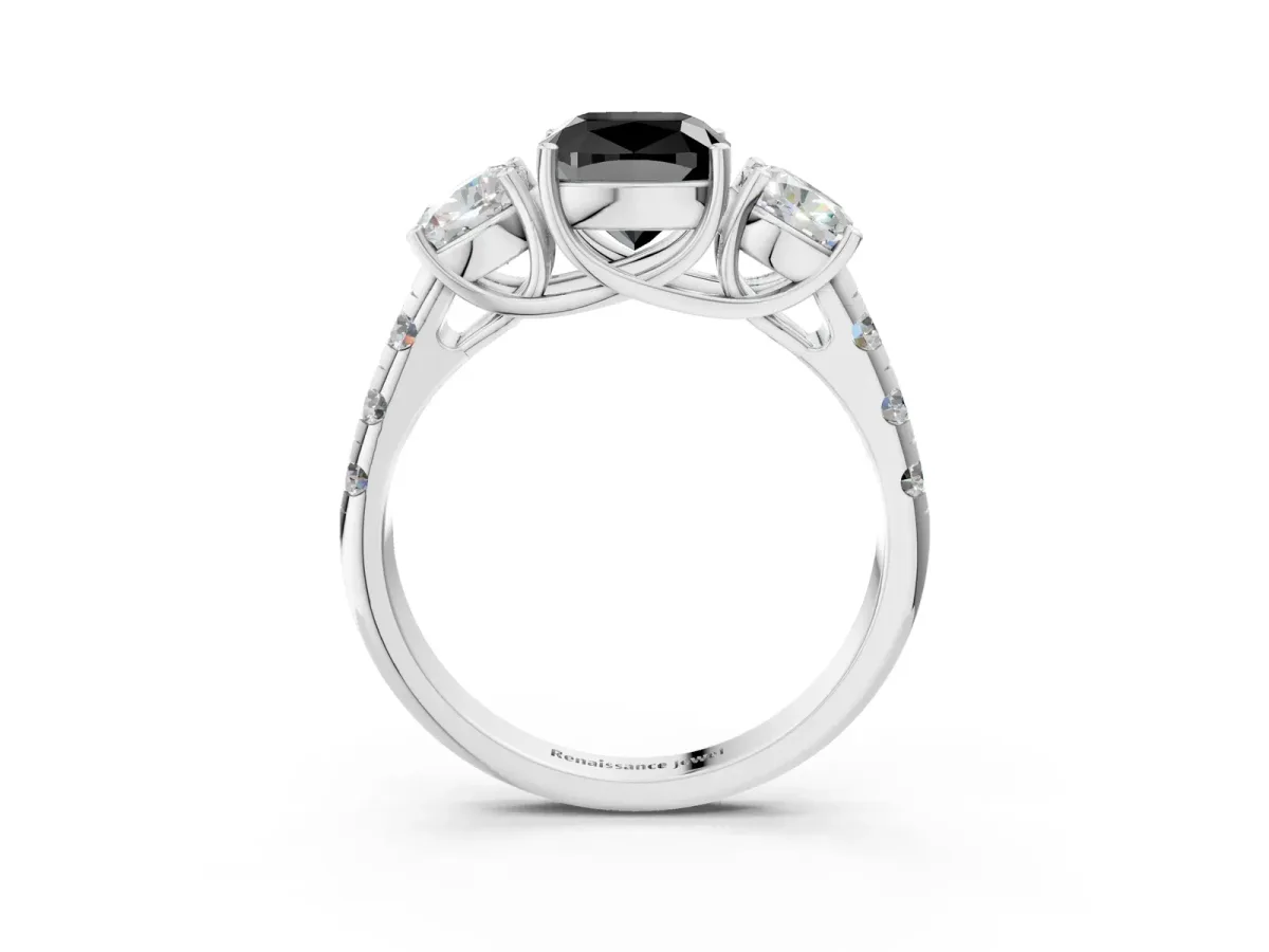 Fancy Black Three-Stone Cushion Cut Diamond Pavé Band with Prong Setting Platinum