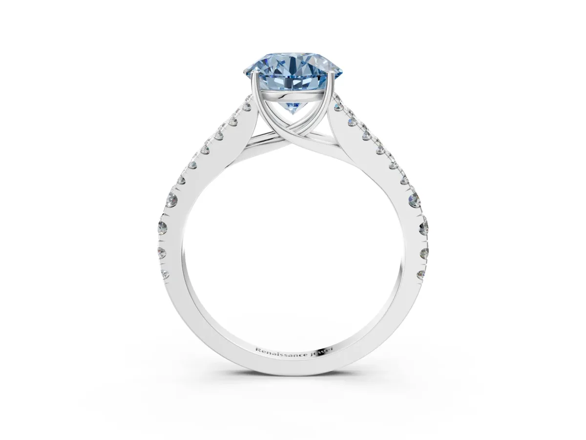 Fancy Blue Round Cut Diamond Split Shank Engagement Ring with Round Pavé and Prong Setting Platinum