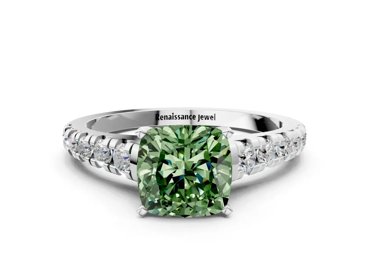 Fancy Green Cushion Cut Diamond Cathedral Solitaire Ring with Round Pavé Band Silver