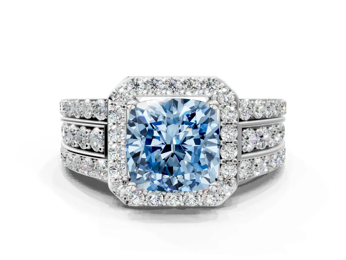 Fancy Blue Cushion Cut Halo Diamond Ring with Round Split Shank and Prong Setting Silver