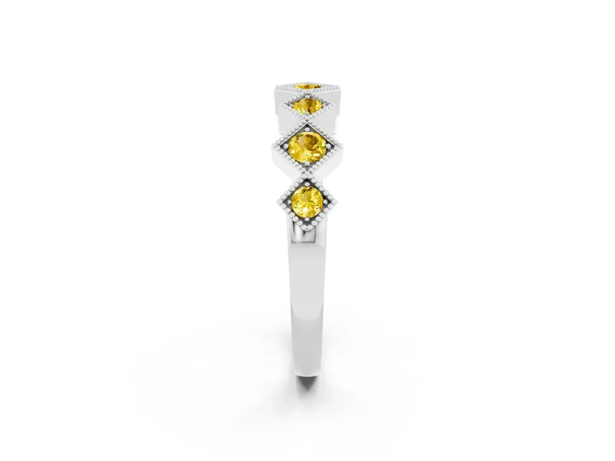 Milgrain Square Bezel Round Yellow Sapphire Chevron Band Silver