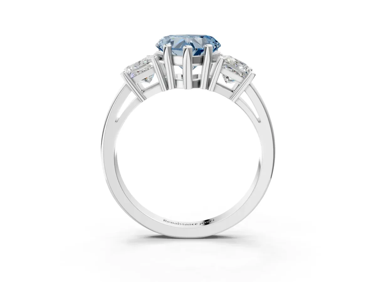 Fancy Blue Three-Stone Heart Cut Cut Solitaire Ring with Prong Setting Platinum