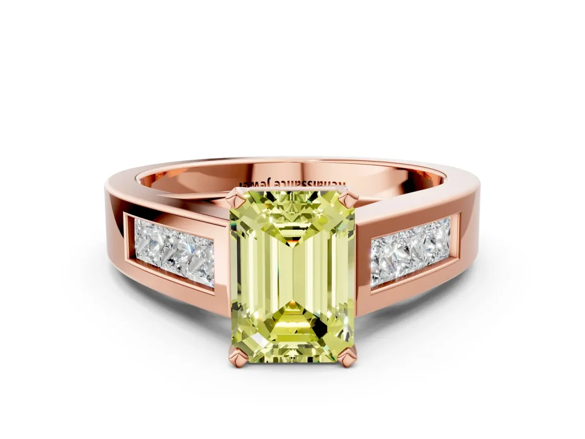 Fancy Yellow Emerald Cut Cut Channel Set Solitaire Ring with Four-Prong Setting Rose gold