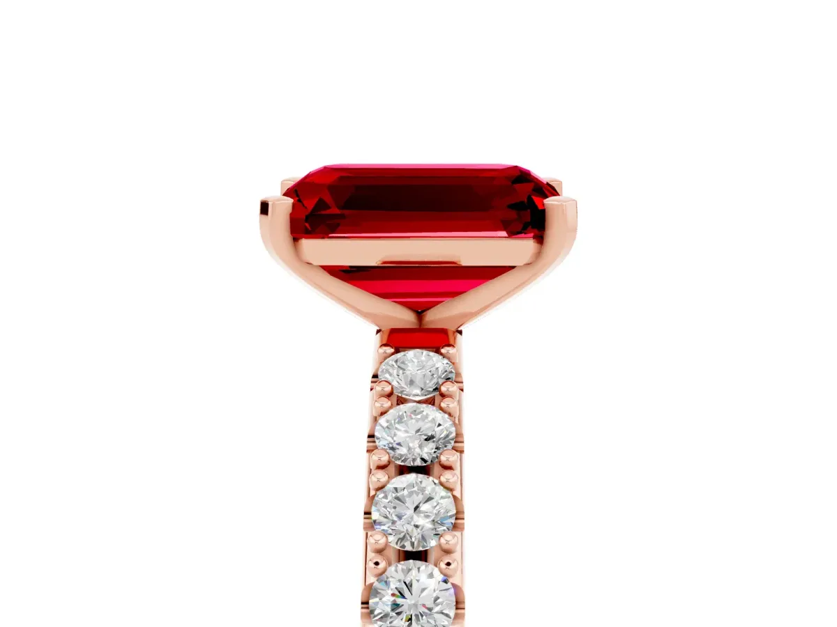 Emerald Cut Ruby Solitaire Pavé Band with Four-Prong Setting Rose gold
