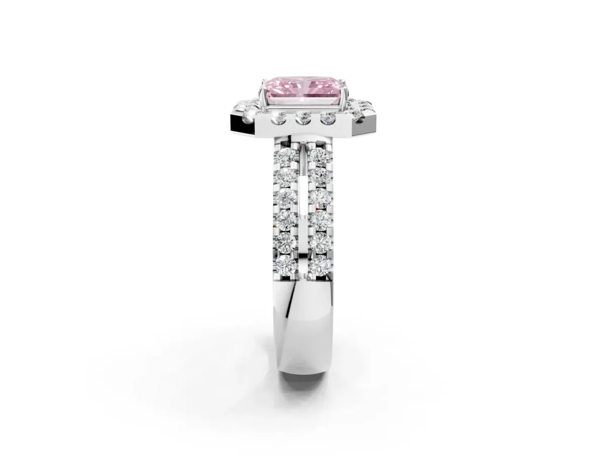Fancy Pink Radiant Cut Halo Diamond Split Shank Engagement Ring with Prong Setting Platinum