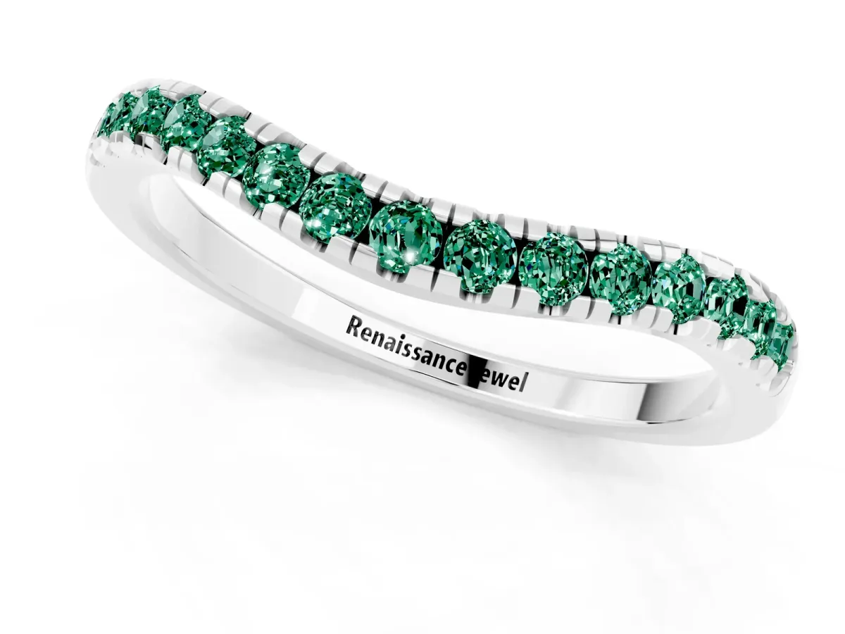 Green Sapphire Pavé Curved Wedding Band Silver