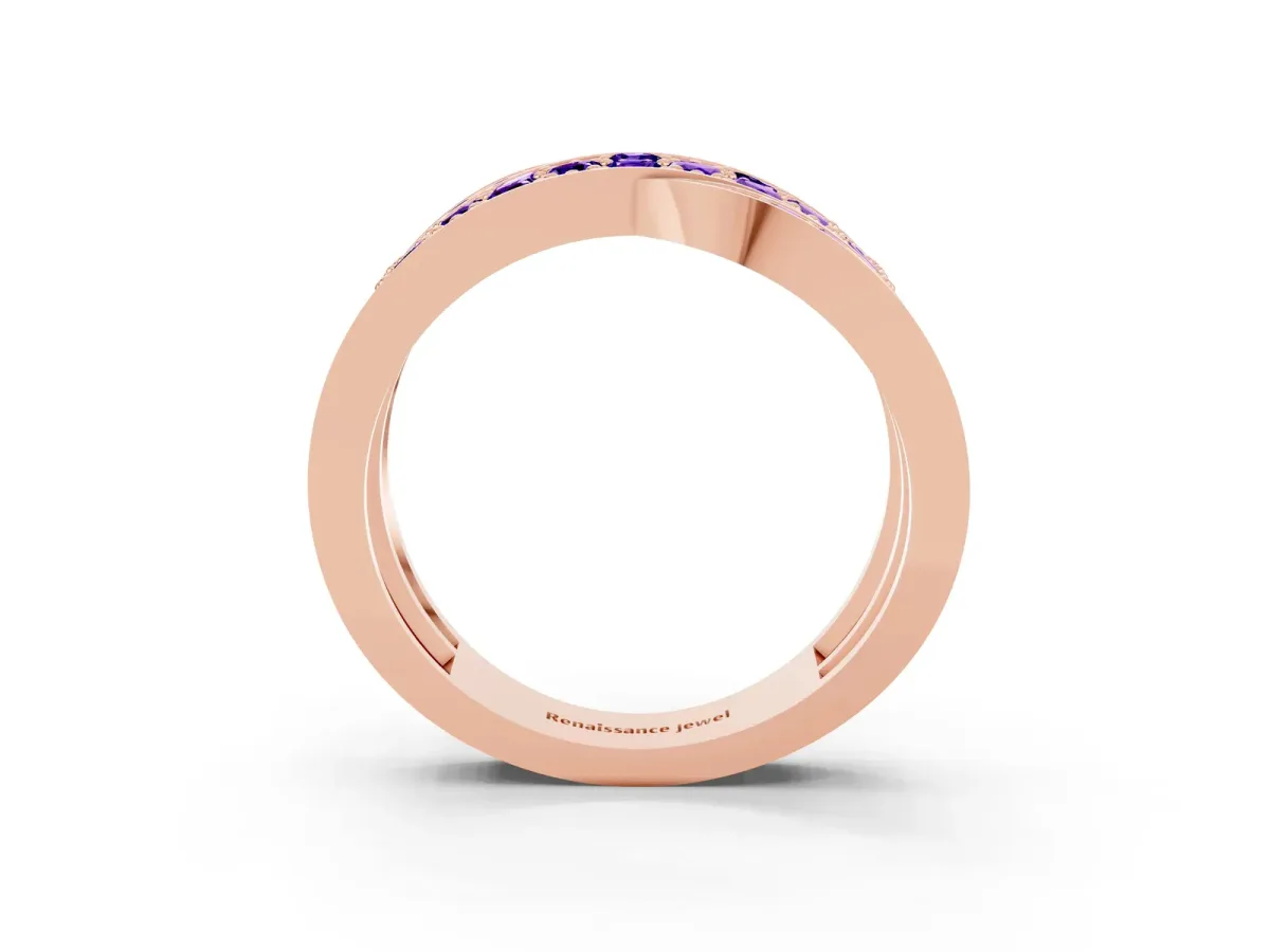 Pavé Round Tanzanite Crossover Band with Bead Prong Setting Rose gold