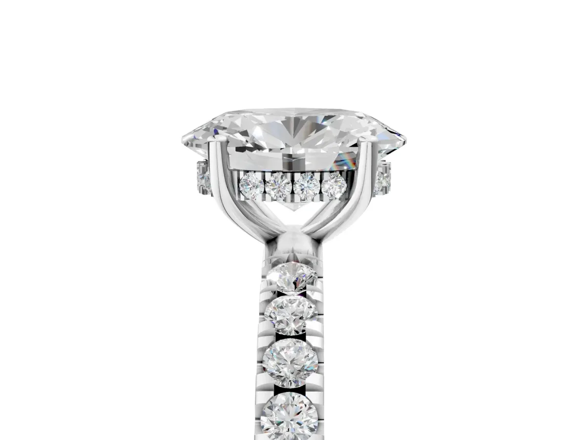 Oval Cut Diamond Pave Band Solitaire Ring with Round and Prong Setting Silver
