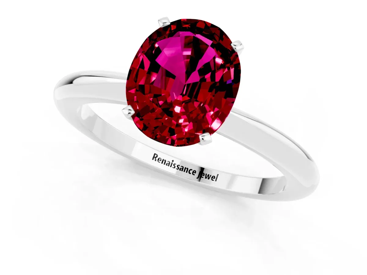 Oval Cut Garnet Solitaire Ring with Six-Prong Setting and Classic Band Silver