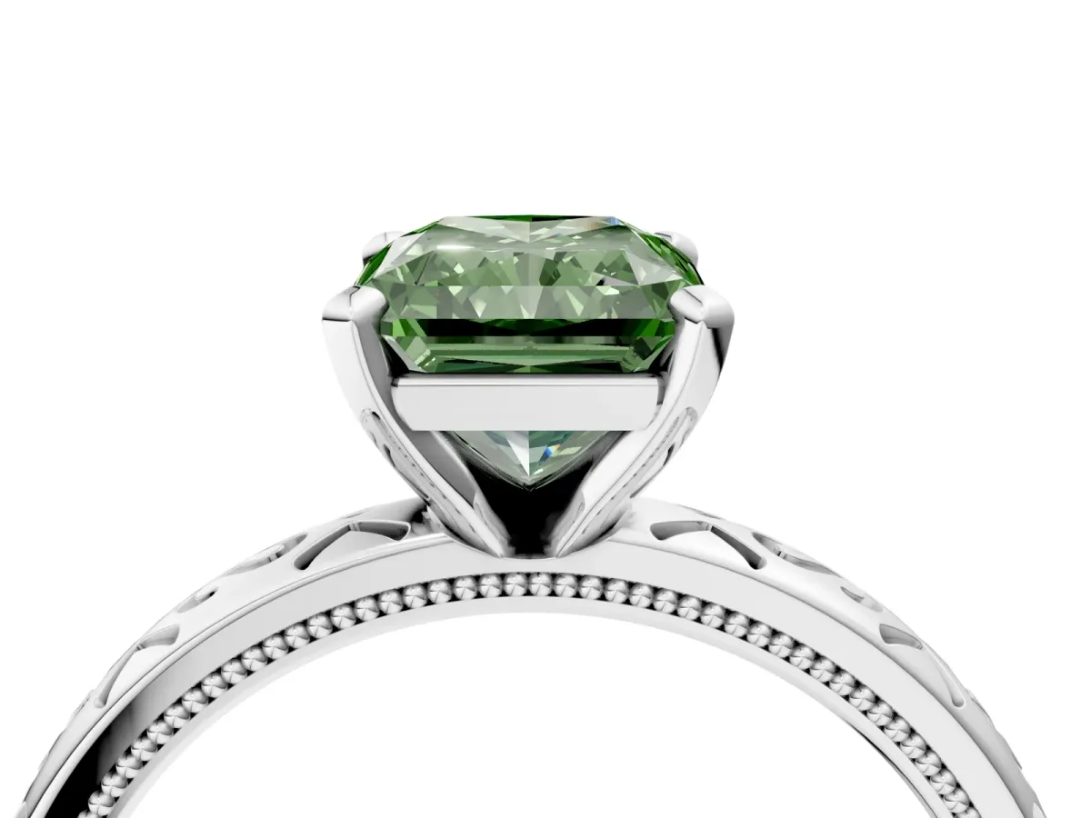 Fancy Green Radiant Cut Solitaire Engagement Ring with Scrollwork Band and Four-Prong Setting Platinum