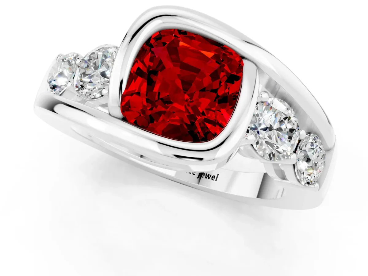 Bezel Set Cushion Cut Ruby Bypass Ring with Round Accents Silver