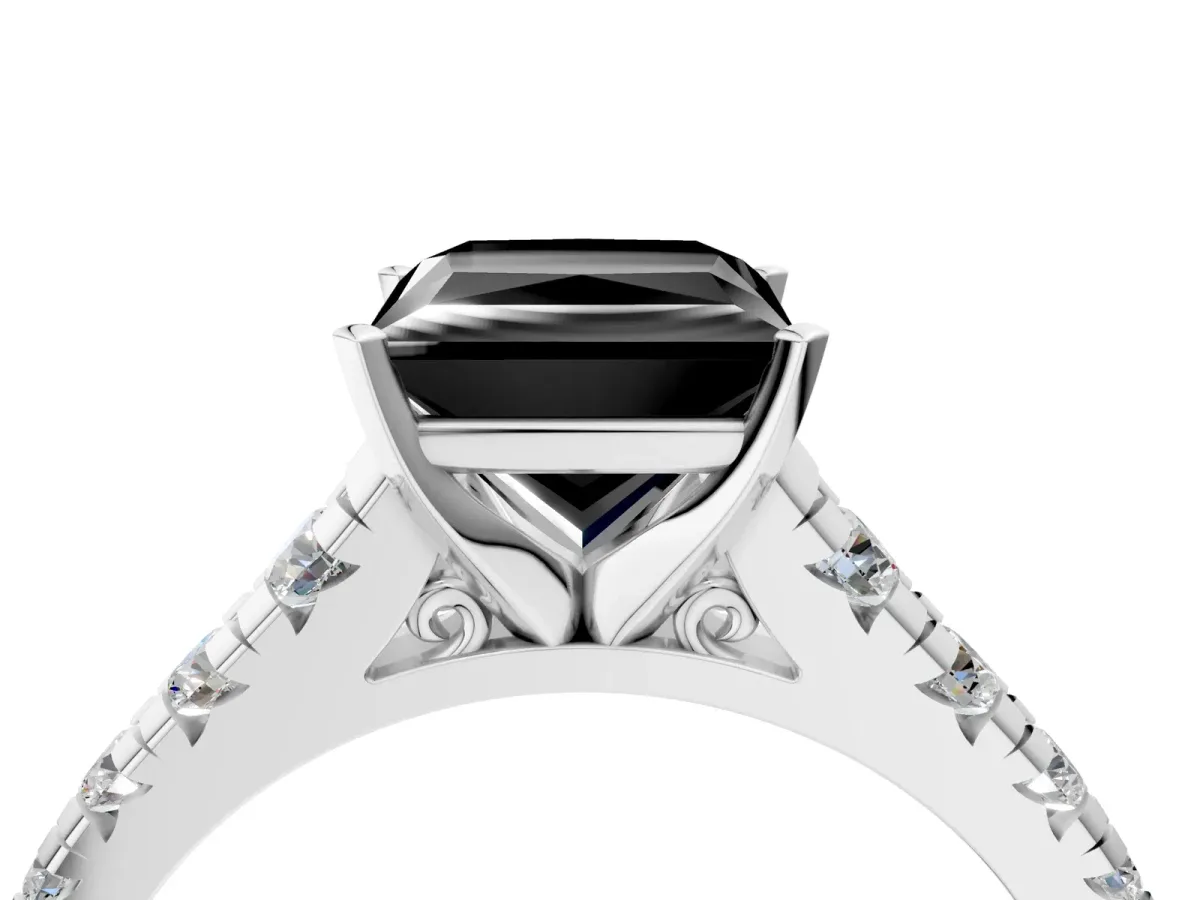 Fancy Black Princess Cut Diamond Cathedral Solitaire Ring with Round Pavé Band Silver