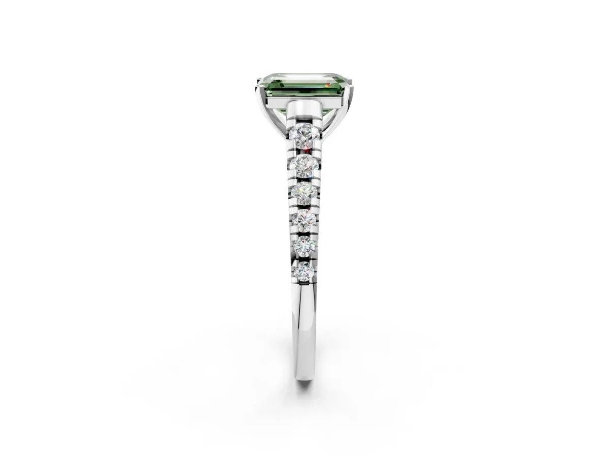 Fancy Green Emerald Cut Diamond Cathedral Solitaire Ring with Round Pavé Band Platinum