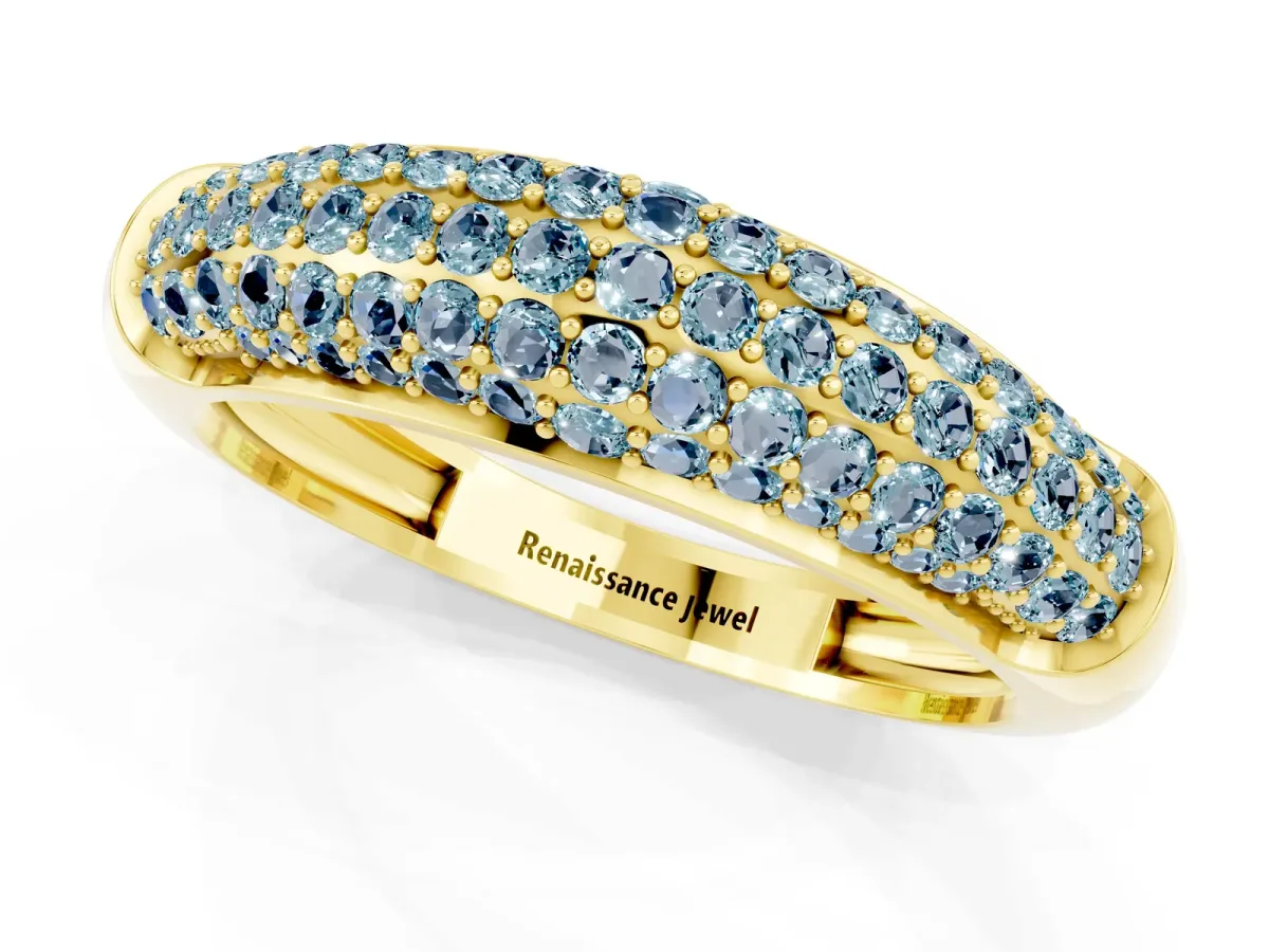 Three-Row Pavé Round Aquamarine Dome Band Yellow gold