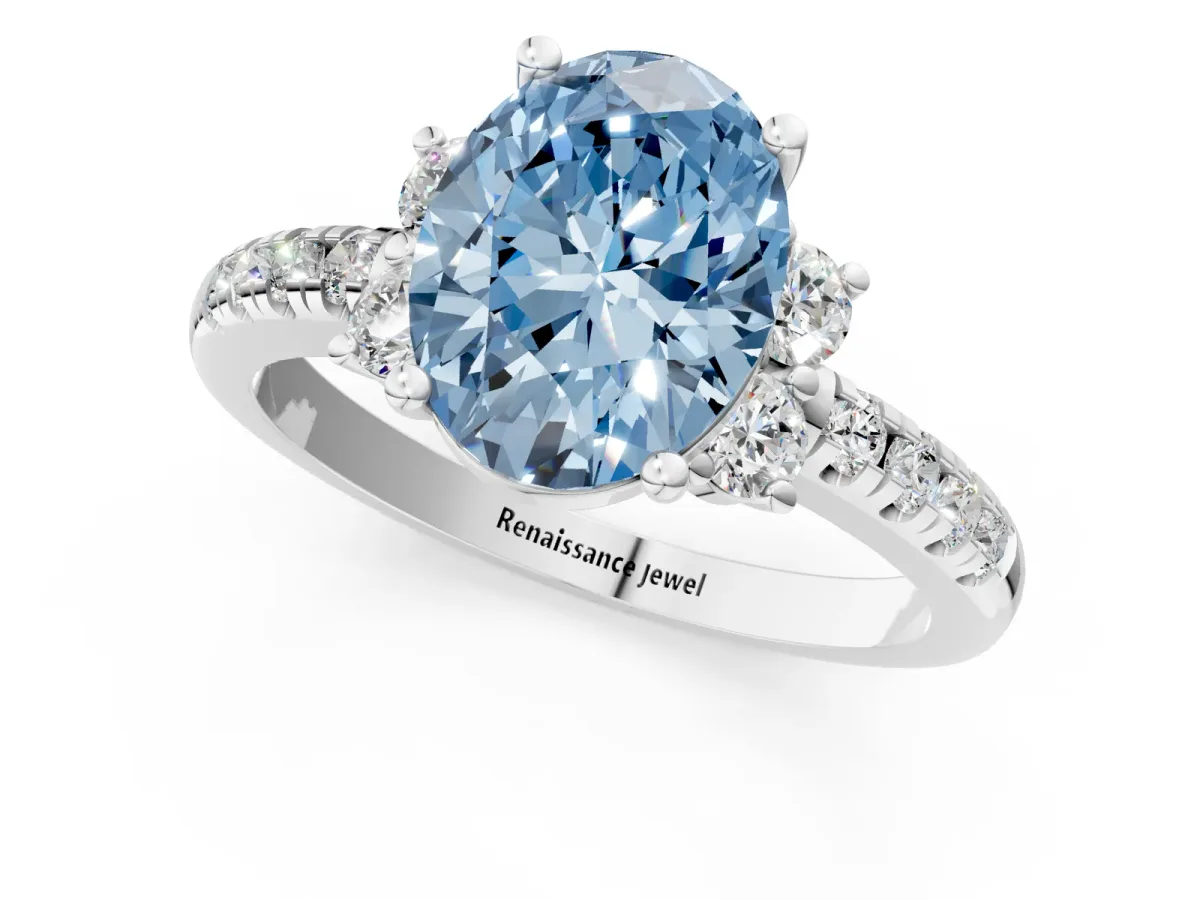 Fancy Blue Oval Cut Diamond Three-Stone Pave Band with Four-Prong Setting Silver