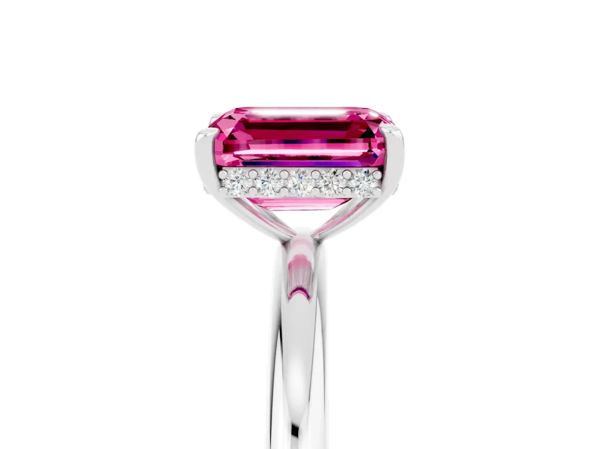 Emerald Cut Pink Sapphire Solitaire Ring with Thin Band and Four-Prong Setting White gold