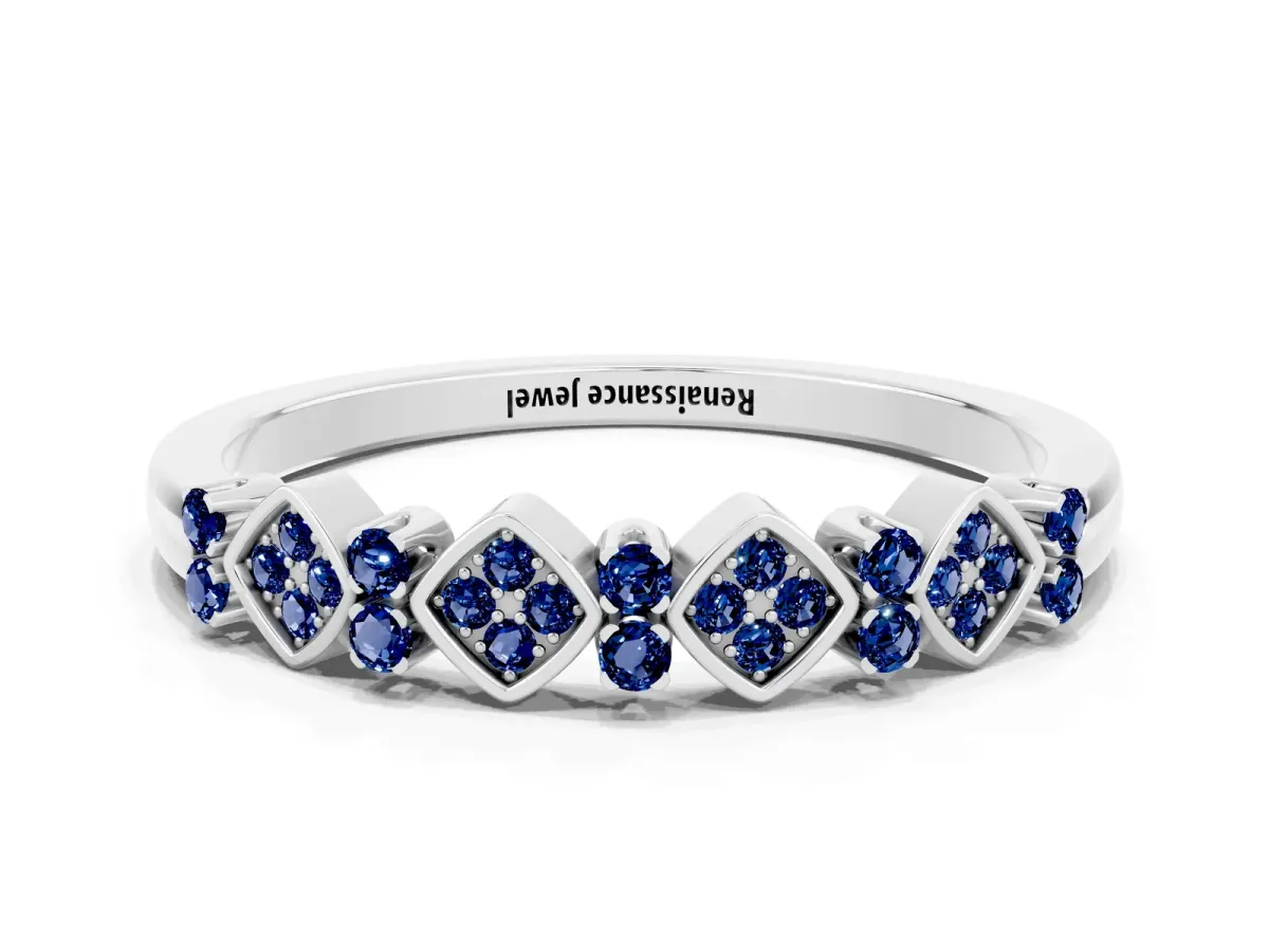 Pavé Cushion Blue Sapphire Cluster Eternity Band with Prong Setting Platinum
