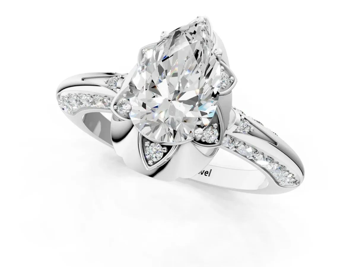 Pear Cut Halo Split Shank Pave Diamond Ring with Petal Prong Setting Platinum