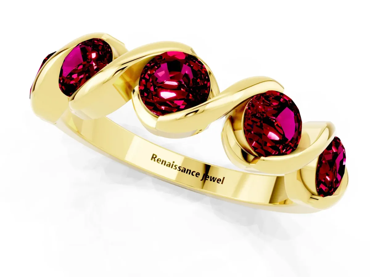 Round Garnet Wave Band with Channel Setting and Shared Prongs Yellow gold