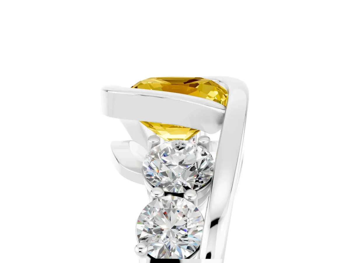 Bezel Set Cushion Cut Yellow Sapphire Bypass Ring with Round Accents Silver