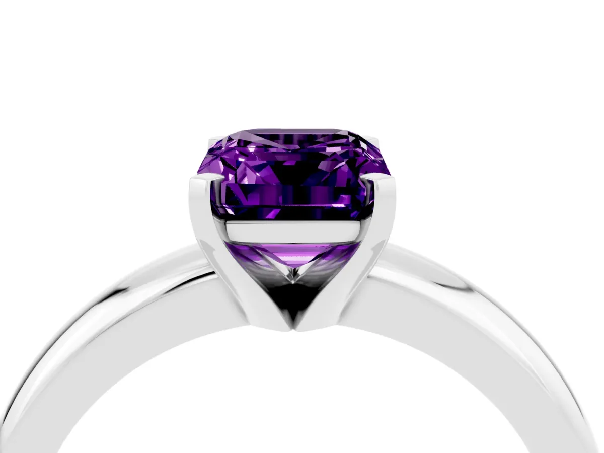 Emerald Cut Amethyst Solitaire Engagement Ring with Round Band and Four-Prong Setting Silver