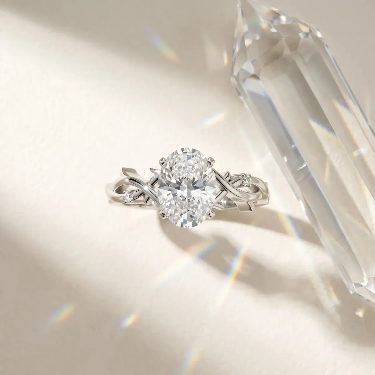 Oval Cut Diamond Solitaire Ring with Twisted Band and Prong Setting Silver