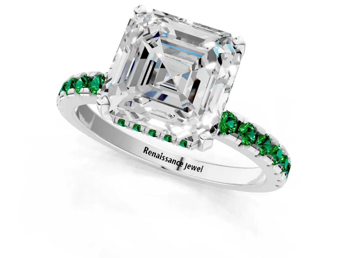 Asscher Cut Diamond Solitaire Ring with Round Emerald Pavé Band and Four-Prong Setting Silver