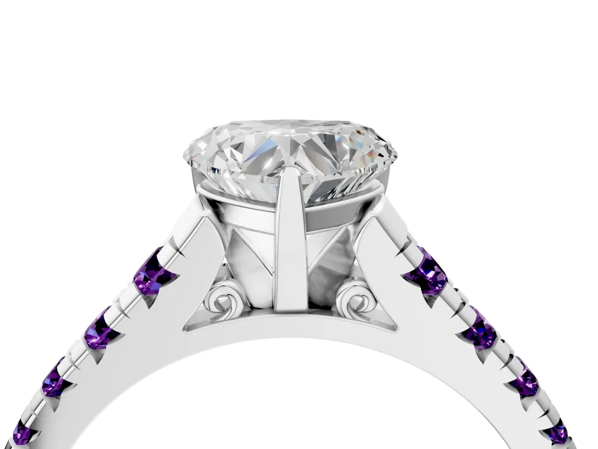 Heart Cut Diamond Cathedral Solitaire Ring with Round Amethyst Pavé Band Silver