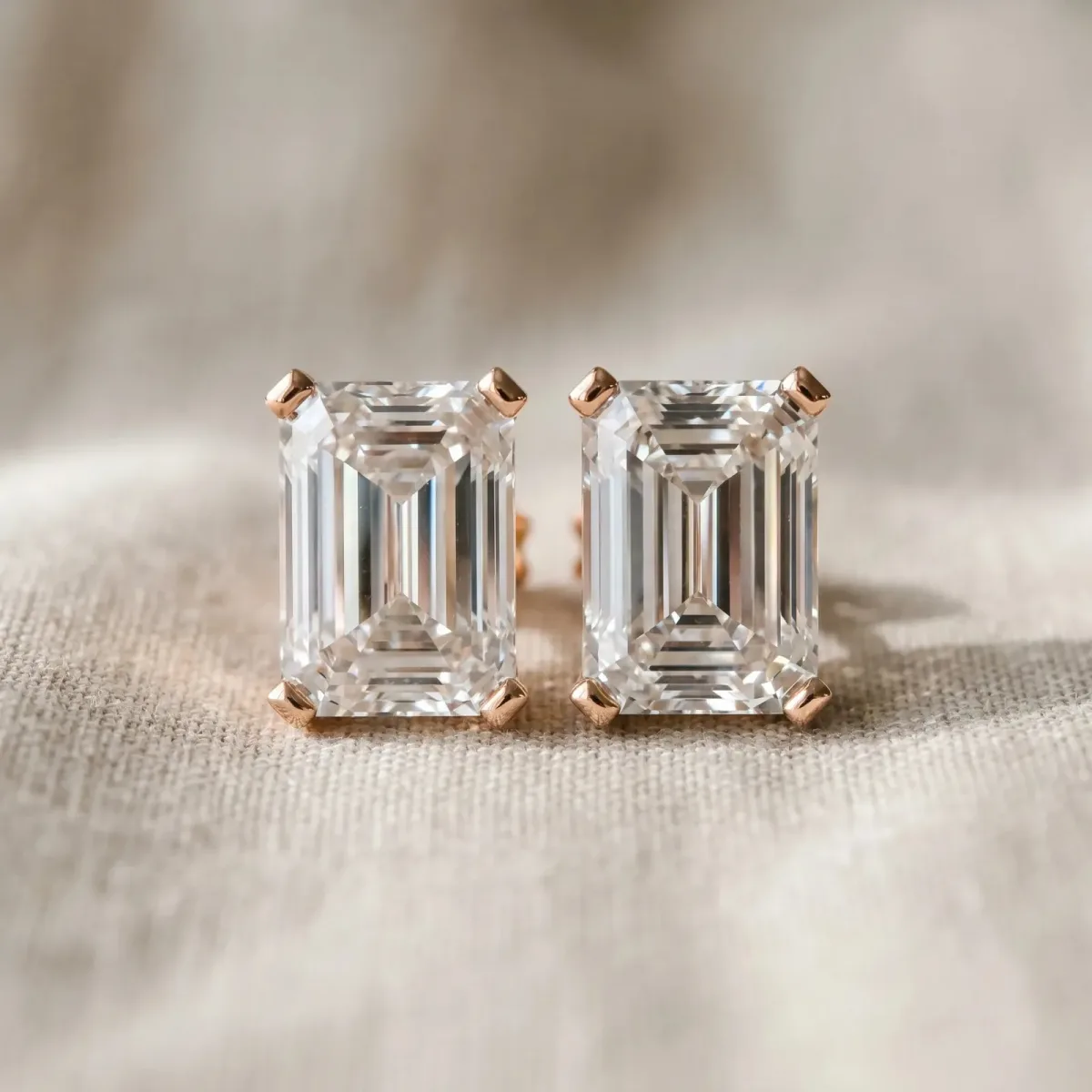 Emerald Cut Diamond Stud Earrings Rose gold