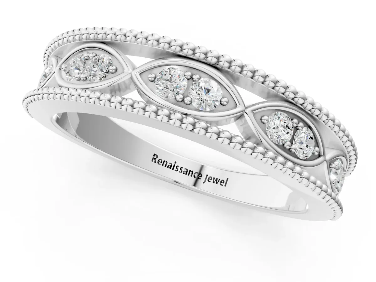 Round Diamond Marquise Milgrain Two-Tone Prong Set Band Platinum