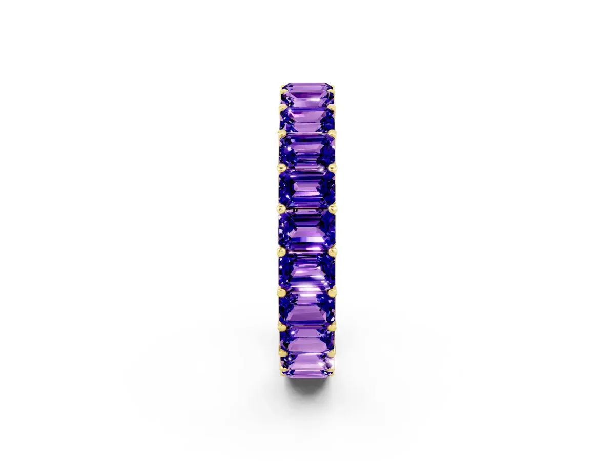 Emerald Cut Tanzanite Eternity Band with Shared Prong Setting Yellow gold