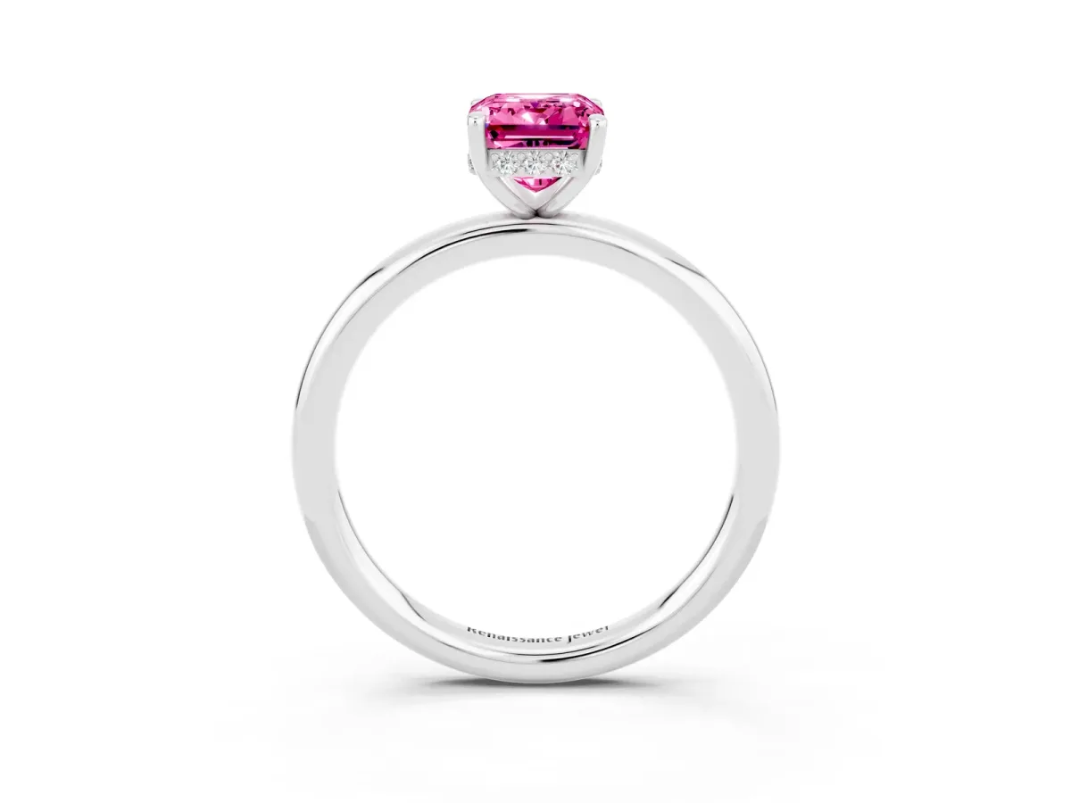 Emerald Cut Pink Sapphire Solitaire Ring with Thin Band and Four-Prong Setting White gold