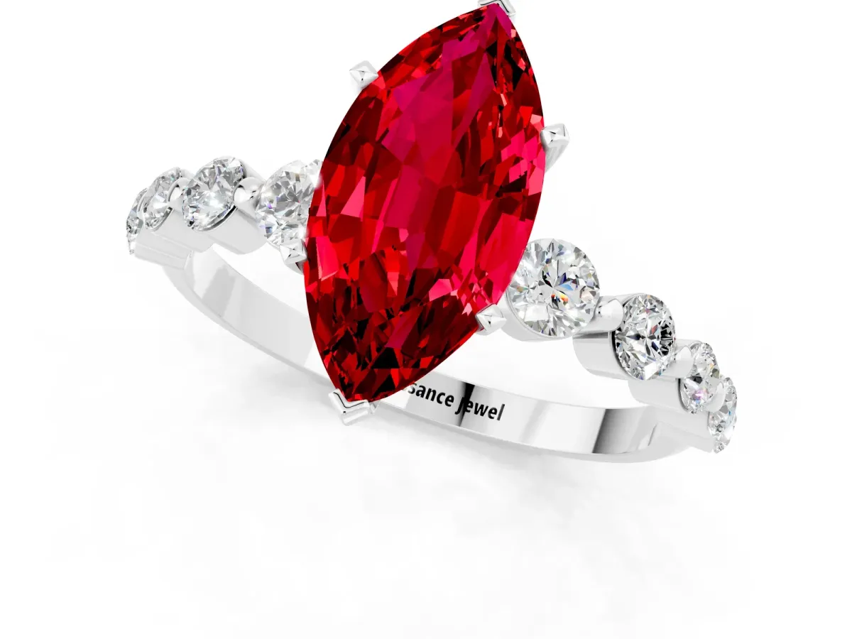 Marquise Cut Solitaire Ruby Ring with Pave Band and Four-Prong Setting Silver