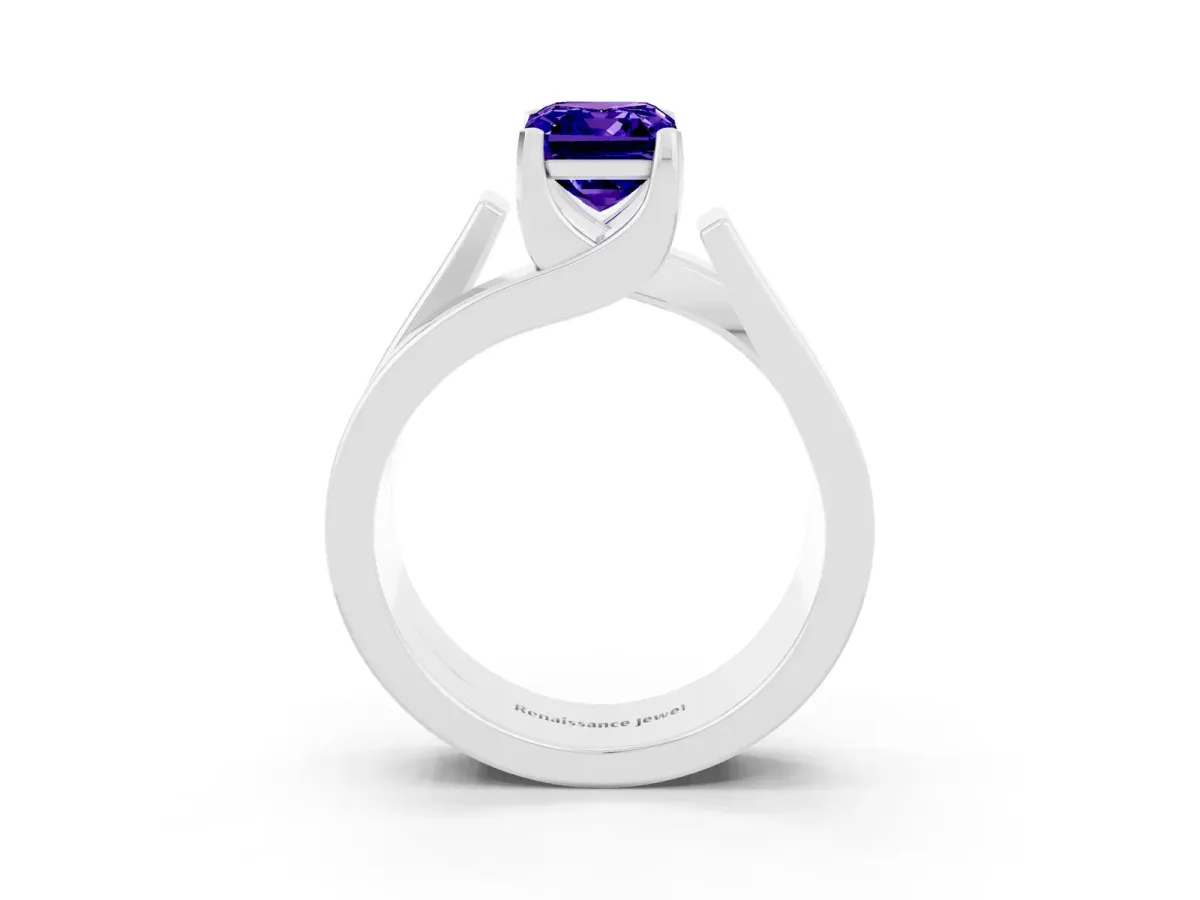 Modern Tension Set Emerald Cut Tanzanite Solitaire Wide Band Ring Silver