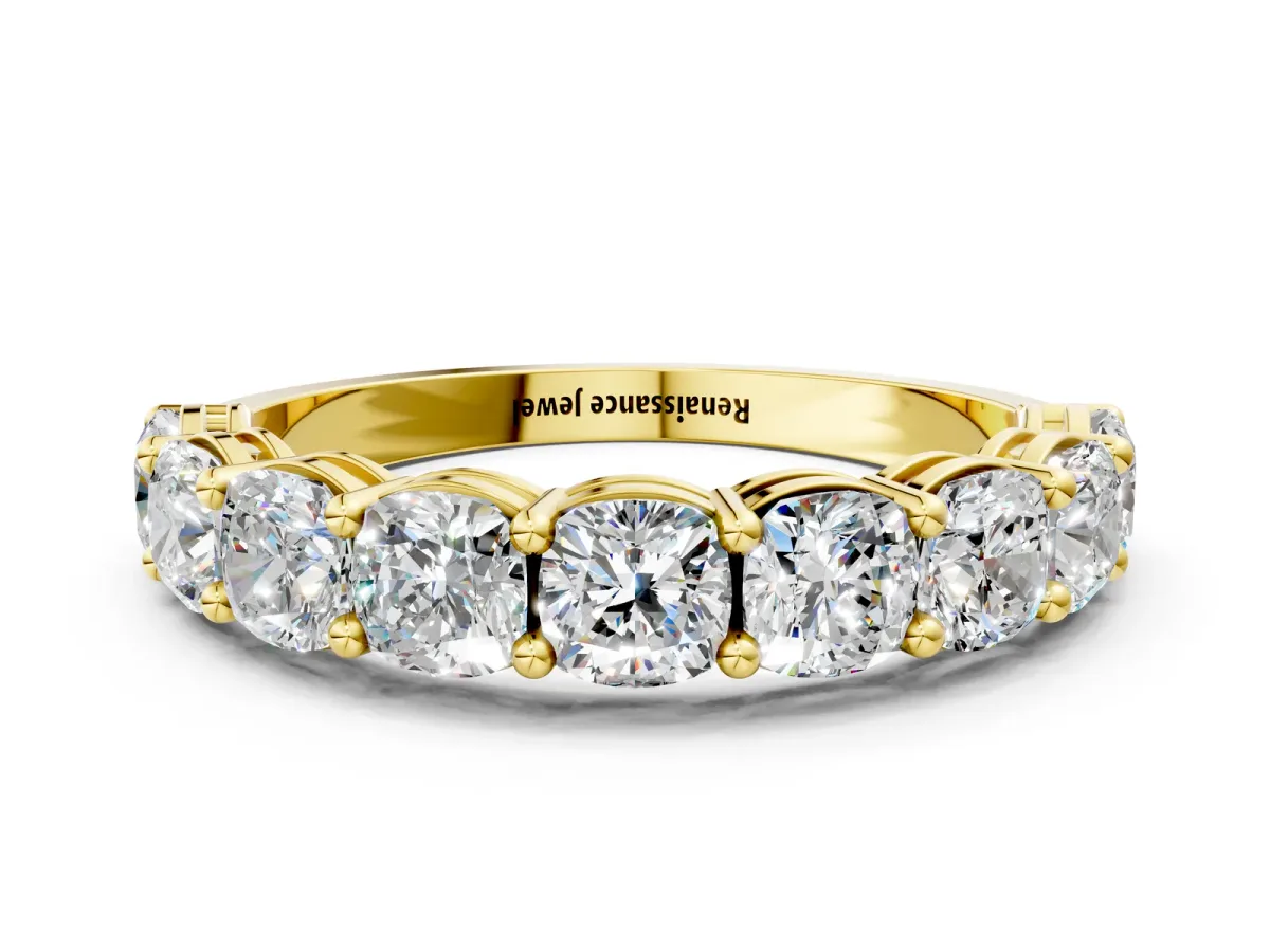 Cushion Cut Half Eternity Band with Shared Prong Setting Yellow gold