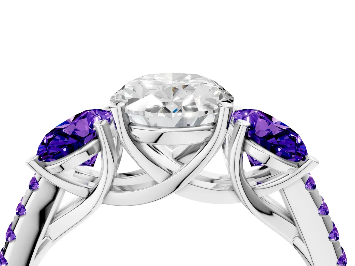 Three-Stone Oval Cut Diamond Ring with Round Tanzanite Pavé Band and Prong Setting Silver