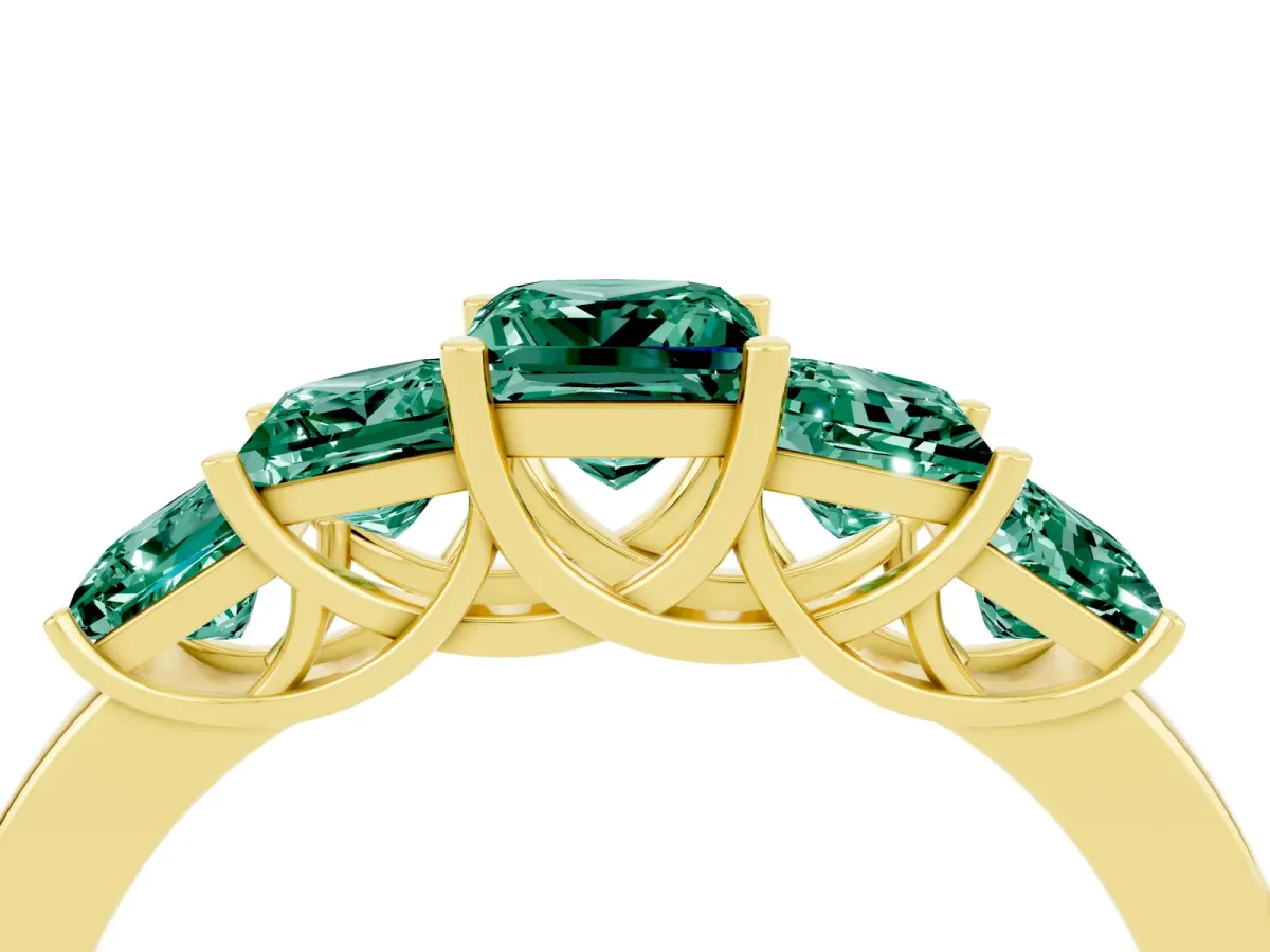 Princess Cut Five-Stone Green Sapphire Ring with Classic Prong Setting Yellow gold