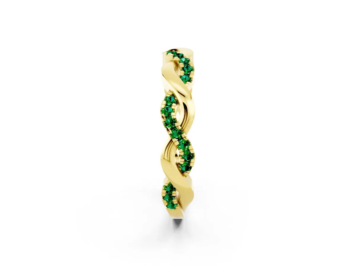 Pavé Round Emerald Twist Eternity Band with Shared Prong Setting Yellow gold
