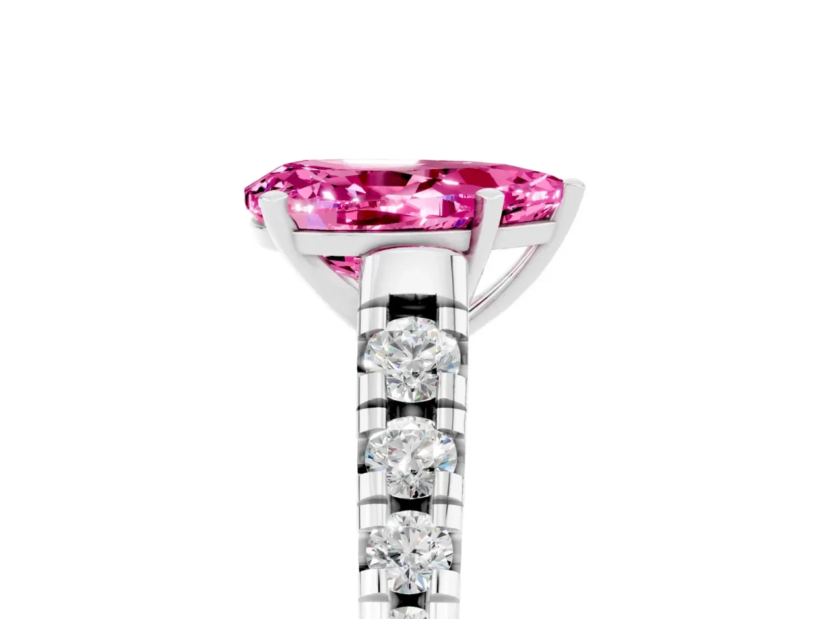 Pear Cut Pink Sapphire Cathedral Solitaire Ring with Round Pavé Band Silver