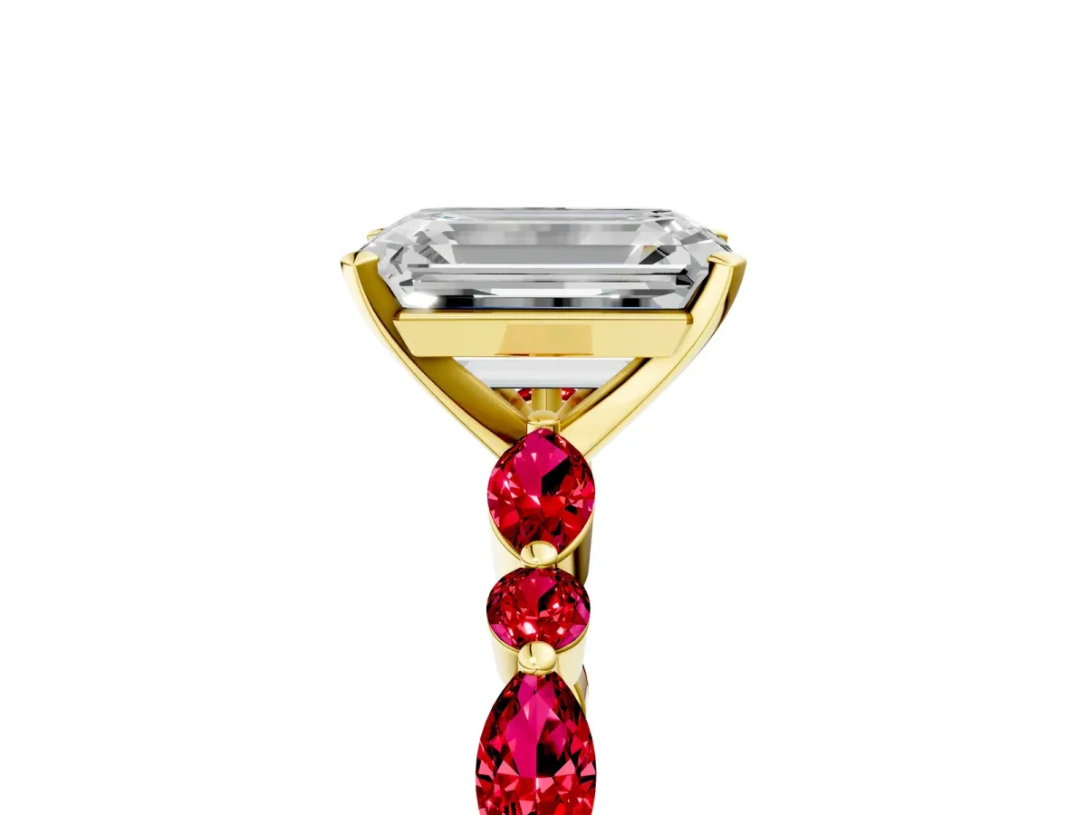 Emerald Cut Diamond Ring with Marquise and Round Ruby Side Stones and Four-Prong Setting Yellow gold