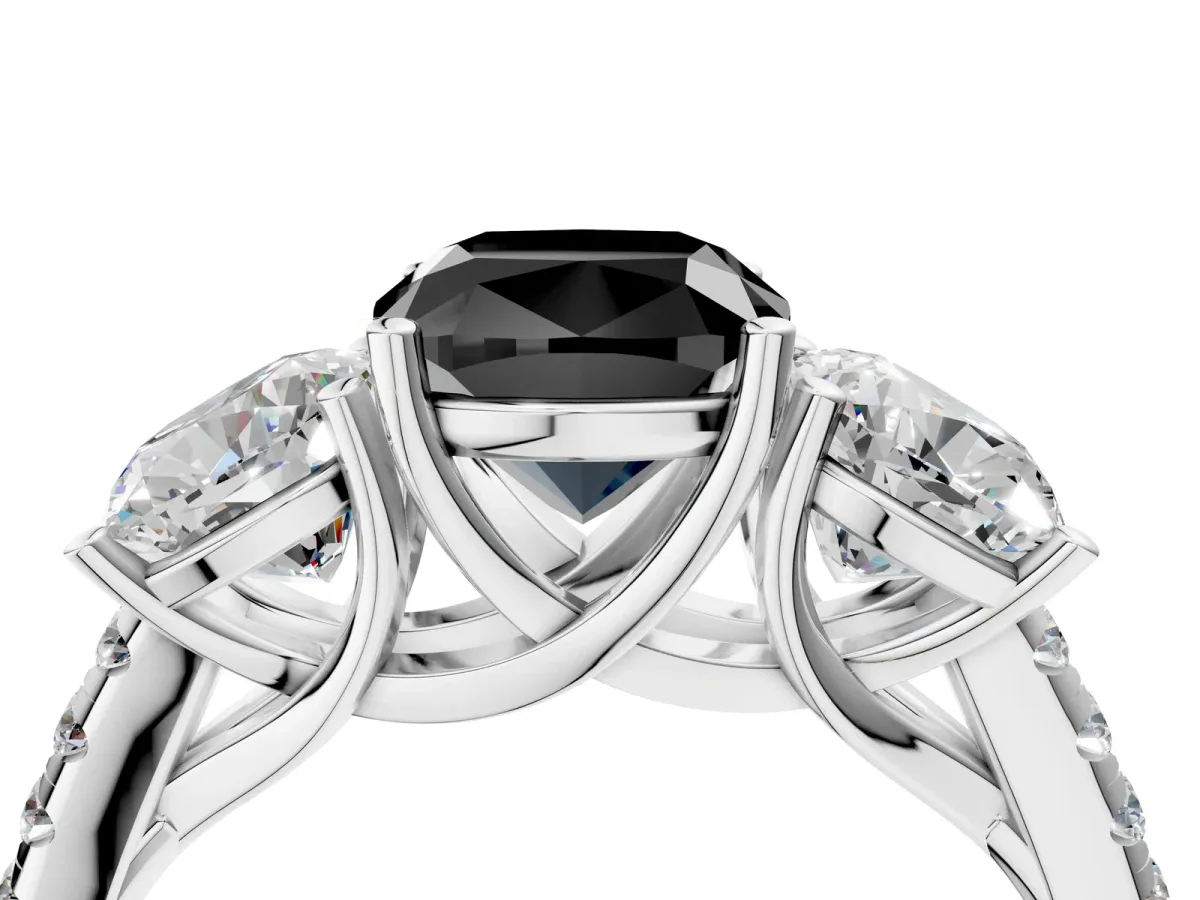 Fancy Black Three-Stone Cushion Cut Diamond Ring with Round Pavé Band and Prong Setting Silver