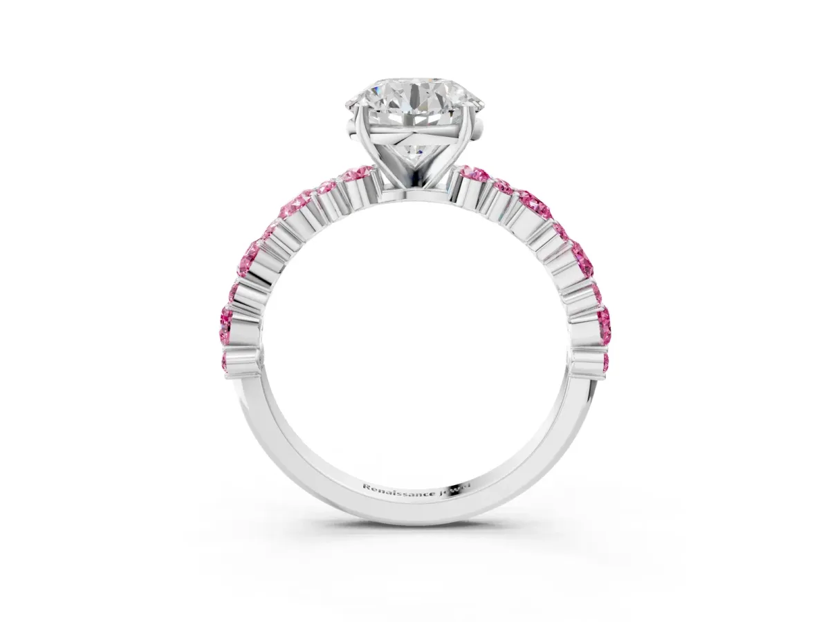 Round Cut Diamond Side Stone Solitaire Ring with Round Pink Sapphire and Four-Prong Setting Silver