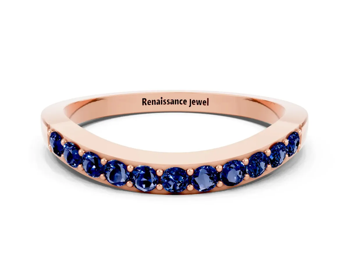 Round Blue Sapphire Curved Wedding Band with Channel Setting Rose gold