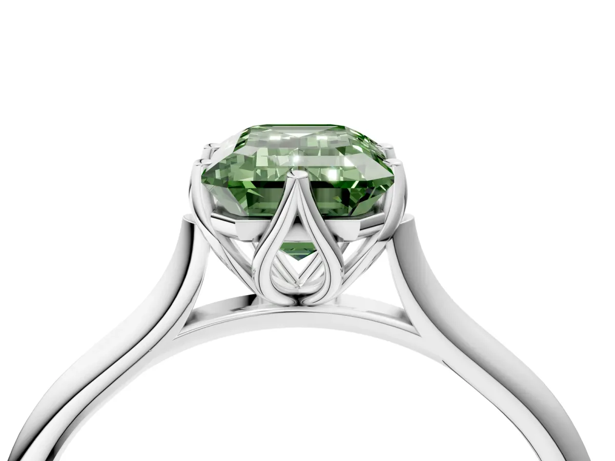Fancy Green Emerald Cut Solitaire Cathedral Diamond Ring with Six-Prong Setting Silver