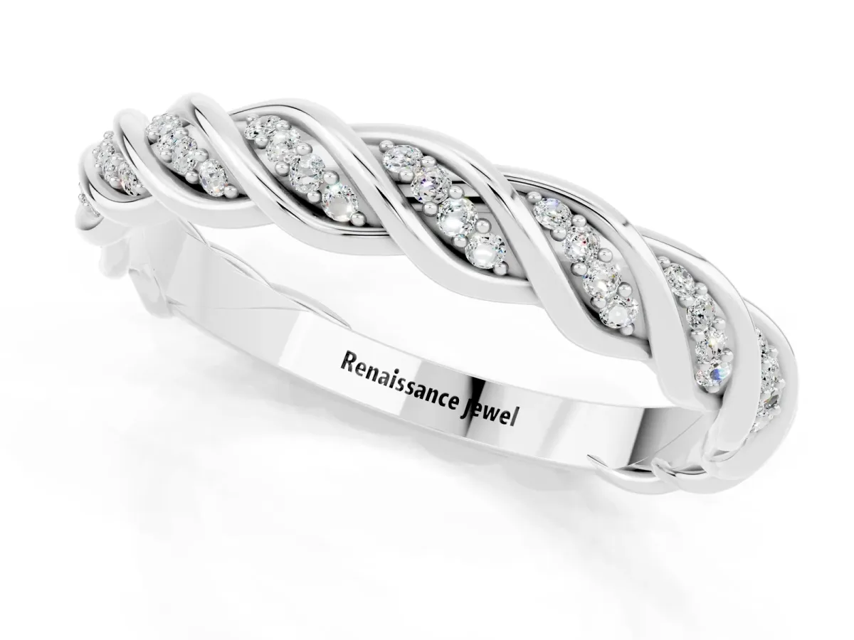 Twisted Pavé Round Moissanite Eternity Band with Shared Prong Setting White gold