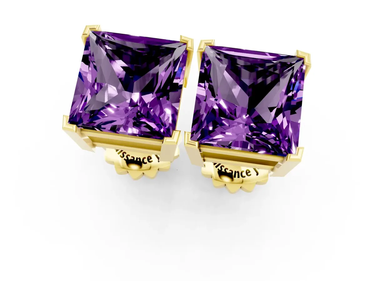Princess Cut Amethyst Stud Earrings Yellow gold